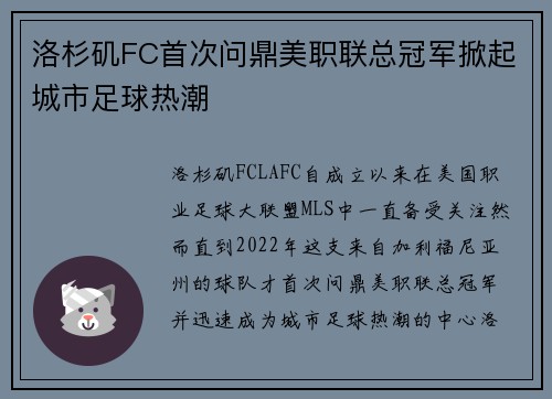 洛杉矶FC首次问鼎美职联总冠军掀起城市足球热潮 洛杉矶FC首次问鼎美职联总冠军掀起城市足球热潮